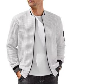 Men's Varsity Bomber Jacket Solid Color <b>Zipper</b> Closure Stand Casual Autumn Wear Regular Fit <b>Fleece</b> Lined Breathable Windproof - Product Image 2