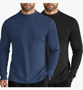 Chemise décontractée tricotée à manches longues pour homme, couleur unie, col montant, manches longues, pour l'automne, bleu, noir, col rond pour homme - Product Image 1