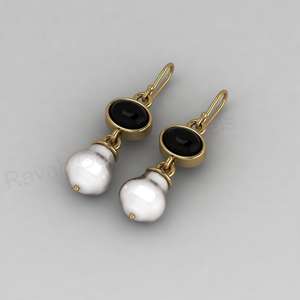 Boucles d'oreilles pendantes faites à la main en argent 925, onyx noir et perle d'eau douce, style Art Déco, serties de pierres, plaqué or 18 carats, bijoux fins pour femmes - Product Image 3