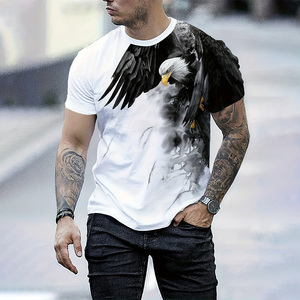 Camiseta de Manga Corta para Hombre con Estampado de Águila Blanca, Corte Regular, Cuello Redondo, Informal, de Poliéster/Algodón Lavado, Transpirable, Estilo Hip Hop - Product Image 1