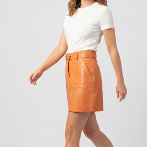 Women's Orange <b>Leather</b> A-Line <b>Mini</b> <b>Skirt</b> Casual Style Shiny Look Breathable Natural Waistline Customized Design Knitted Fabric - Product Image 4