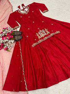 Wholesale Indian Women Purple Silk Kurti <b>Lehenga</b> Set Bridal Doli Palki Embroidered Straight <b>Top</b> Flared Skirt Light Pink Dupatta - Product Image 3