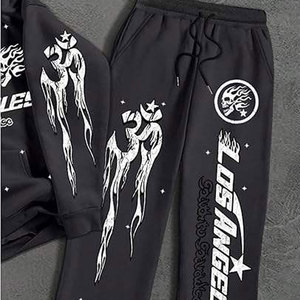 Conjunto Deportivo de Dos Piezas para Hombre, Invierno, Estampado, Transpirable, Forrado, 100% Algodón, Sudadera con Capucha y Pantalones Deportivos Acampanados, Ropa Urbana Personalizada - Product Image 2