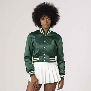 Veste universitaire en satin vert avec bordure blanche, col rabattu, manches classiques, style preppy, longueur courte, vêtement d'automne - Product Image 1