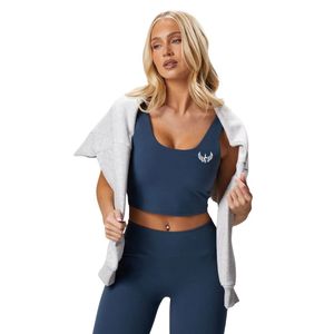 Women's Navy Blue Scoop Neck <b>Crop</b> Tank <b>Top</b> Soft Stretch Fitness Activewear Gym Training Sleeveless Performance Apparel Wear - Product Image 2