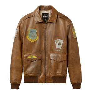 Blouson aviateur en cuir véritable marron pour homme Avirex, en cuir d'agneau, blouson de vol américain, broderie, support OEM - Product Image 1