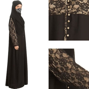 Abaya noire à manches longues et longueur ras du sol avec appliques en dentelle, robe modeste pour femme, tenue quotidienne, coupe ample, en polyester - Product Image 4