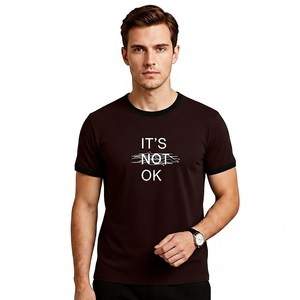 Men's <b>Navy</b> Blue O-Neck Short Sleeve T-Shirt Contrast Trim 'It's Not Ok' Print 100% Cotton Regular Fit Silk Screen Printed - Product Image 6