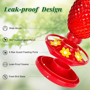 Paquete de 2 comederos de cristal rojo de 16 oz para colibríes, a prueba de hormigas y abejas, para colgar al aire libre, con 6 orificios de alimentación, suministros premium para pájaros. - Product Image 2