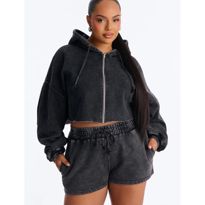 Women's Trendy Crop Zipper Hoodie and Drawstring Shorts Sets Plus Size &Slim Fitted Casual Fashion Regular Clothing Manufacturer - Product Image 3