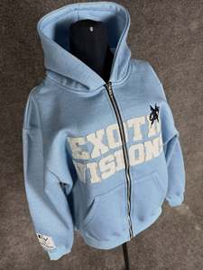 Exotic Visions Oversized Zip-<b>Up</b> Hoodie <b>Light</b> Blue Applique <b>Letter</b> Print Unisex Casual Autumn Wear - Product Image 5