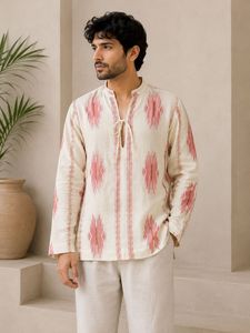 Men's 100% Cotton Eco-Friendly <b>Geometric</b> Handloom Casual <b>Shirt</b> Full Sleeve Breathable Summer Stand Collar Open Stitch Design - Product Image 2