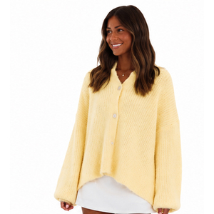 2026 Women's Yellow V-Neck Knitted Cardigan Full Sleeve Button Closure Casual Autumn Wear Thick Acrylic Sweater Long Lantern - Product Image 1