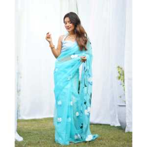 Sari en tissu organza pur, léger, transparent, dessiné à la main, séchage rapide, pour mariage, fête, usage quotidien, traditionnel - Product Image 3