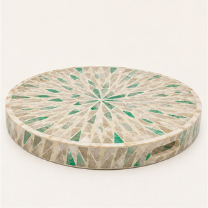 Plateau de service décoratif rond en nacre incrustée, fait main, mosaïque de coquillages, plateau de table basse, décoration d'intérieur avec poignée - Product Image 3