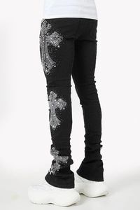Men's Black Elastic Waist <b>Pants</b> With Crystal Embroidery <b>Sequin</b> Detailing Casual Street Style Midweight Spandex Denim Blend - Product Image 5