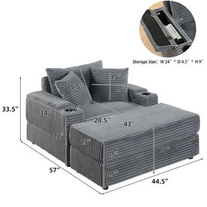 Divano Chaise Longue Accogliente e Confortevole con 2 Cuscini Decorativi e Pouf, Seduta Profonda per Soggiorno - Product Image 4