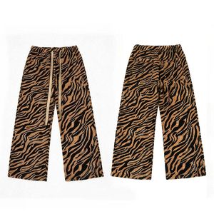 Tiger Print Wide Leg Trousers Brown Black <b>Animal</b> <b>Pattern</b> Streetwear Heavyweight Cotton Relaxed Fit Loose Drawstring Pants - Product Image 2
