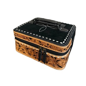 OEM/ODM Estuche de cuero con estampado de animales a mano, cierre de cremallera, gran capacidad, Cuadrado Negro bohemio para joyería, Cosméticos hechos - Product Image 3