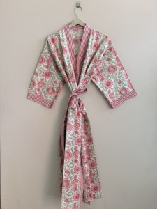 Bata Kimono Larga de Algodón Estampado Floral Indio para Verano, Ropa de Estar por Casa - Product Image 4