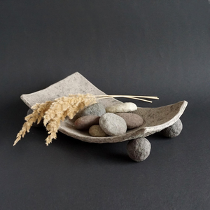 Brown Paper Mache Footed Tray Rustic Earthy Decorative Bowl on Sphere Legs Organic Textured - Product Image 1