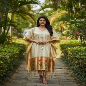 VASTRA COTTAGE Soft Silk Zari Woven Dress Polka Motifs Meenakari Broad Border Tassels Free Size Designer Kaftan Dress - Product Image 4