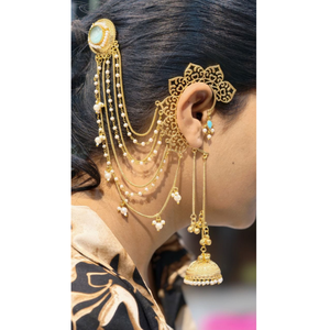 Juego de Joyería de Lujo con Acabado Dorado y Pedrería Kundan, Accesorio para el Cabello con Cadena de Perlas, Pendientes Jhumka Tradicionales Étnicos para Novia - Product Image 3