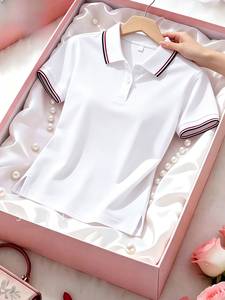 Camiseta de Manga Corta con Cuello Polo para Mujer, Tejida en Algodón, Casual, de Color Sólido, Transpirable, para Primavera/Verano, Corte Regular - Product Image 3