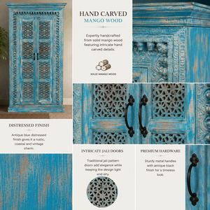 Luxury Hand Carved Solid Mango Wood Eco-Friendly Durable Blue Wardrobe <b>Cabinet</b> Jali Doors Distressed <b>Rustic</b> Storage Armoire - Product Image 5