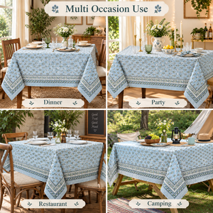 Ridhi Blue Indian Handmade Blockprint Modern Eco-Friendly Durable Washable 100% Cotton Rectangle Floral Printed <b>Tablecloth</b> - Product Image 4
