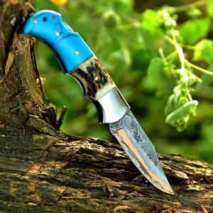 Couteau de chasse en acier Damas forgé à la main avec manche en turquoise et étui en cuir, lame à pointe tombante, couteau de poche EDC - Product Image 5