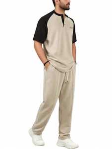 <b>Men's</b> Cotton Breathable Summer 2 in 1 Color Block <b>Henley</b> T-<b>Shirt</b> & Drawstring Pants Set Casual Short Sleeve - Product Image 2