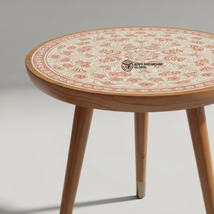 Handcrafted Meenakari Wooden <b>Stool</b> with Floral Mandala Art Traditional Indian Style <b>Round</b> Side Table Decorative Tripod Accent - Product Image 3