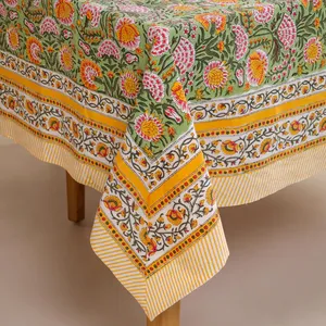 Mantel de Algodón Moderno, Lavable, con Estampado Floral, Hecho a Mano, Verde y Amarillo, Decoración para Bodas - Product Image 4
