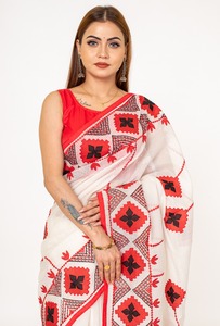 Sari Tradicional Indio de Algodón, Rojo y Negro con Estampado Geométrico, Largo hasta el Suelo, para Bodas, Estilo Bollywood, Elástico - Product Image 3