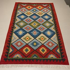 Tapis Kilim en Laine Fait Main Moderne, Motif Abstrait Palmier Tropical Rose et Vert Sarcelle, Tapis Traditionnel à Motifs Géométriques et Tribaux en Diamant - Product Image 1