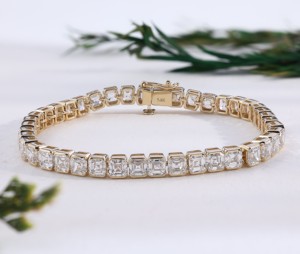 Pulsera de tenis clásica de lujo con diamantes de laboratorio talla Asscher en oro, color E, personalizable, unisex, para bodas, joyería fina. - Product Image 1