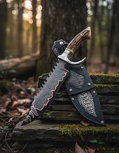 Cuchillo de caza con hoja de acero de Damasco y mango de asta de ciervo, cuchillo de supervivencia para exteriores - Product Image 5