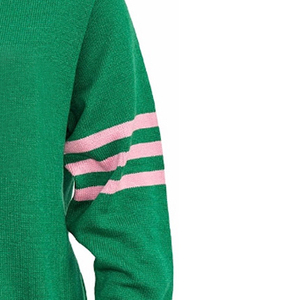 Pull en tricot vert à col en V avec bordure rose et rayures, coupe classique, vêtement décontracté - Product Image 2