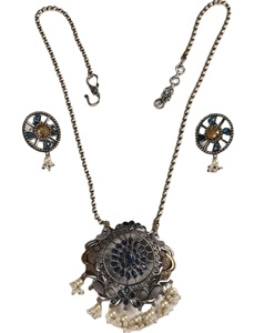 Parure Collier et Boucles d'Oreilles Pendante Mandala Bleu Royal en Alliage Plaqué Or, Ornée de Cristaux et Strass, Style Bohème, pour Femme, Idéale Soirée - Product Image 1