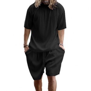 Men's Plus Size Light Blue <b>Knitted</b> Casual Short Sleeve T-Shirt and Shorts <b>Set</b> Summer Wear Solid Color Comfortable Loose Fit - Product Image 5