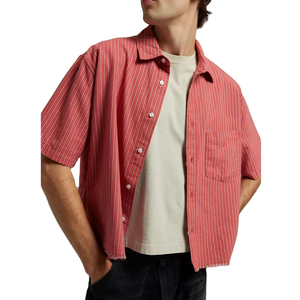 Chemise en flanelle déchirée à rayures rouges pour homme, manches courtes, col rabattu, tissu popeline, style décontracté, été - Product Image 3