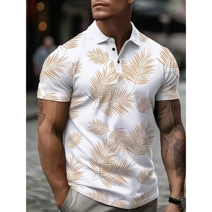 Camisa de golf Tropical Leaf para hombre, elegante camisa polo estampada de manga corta para verano, para actividades al aire libre, fitness y uso casual. - Product Image 1