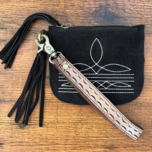 Women's Genuine Leather Western Style Card Holder Keychain Wallet <b>Boot</b> Stitch Design Black Suede Leather Wristlet <b>Zipper</b> Coin - Product Image 2