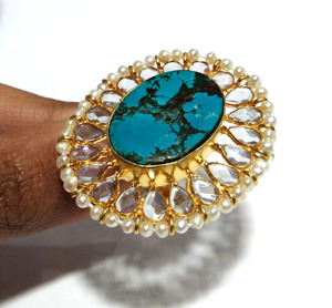 Natural Turquoise Gemstone Pearl Ring 925 Sterling Silver Plated Bohemian Style Oval Shape Handmade Vintage Jewelry <b>Women</b> - Product Image 5