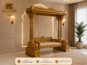 Jhula de madera de teca tallada a mano Maharaja con base de elefante, Oonjal de madera de teca de élite para interiores con pilares dobles tallados, Jhoola para el hogar - Product Image 6