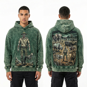Sweat-shirt à capuche personnalisé vert délavé pour homme, motif Zombie Ranger Safari, streetwear oversize, en molleton effet vieilli - Product Image 1