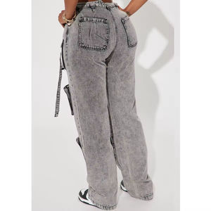 OEM Fashion High Waisted <b>Cargo</b> Boyfriend Jeans Straight Wide Leg Casual <b>Pants</b> - Product Image 2