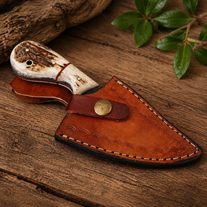 Couteau de camping miniature SAZ ENTERPRISES en acier Damas de qualité industrielle, fait main, avec lame, manche en corne et étui en cuir - Product Image 6