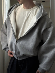 Vintage Washed Unisex Oversized 100% Cotton Zip Hoodie Heavyweight Solid Winter Embroidered Blank Streetwear Baggy <b>Fleece</b> <b>Jacket</b> - Product Image 2